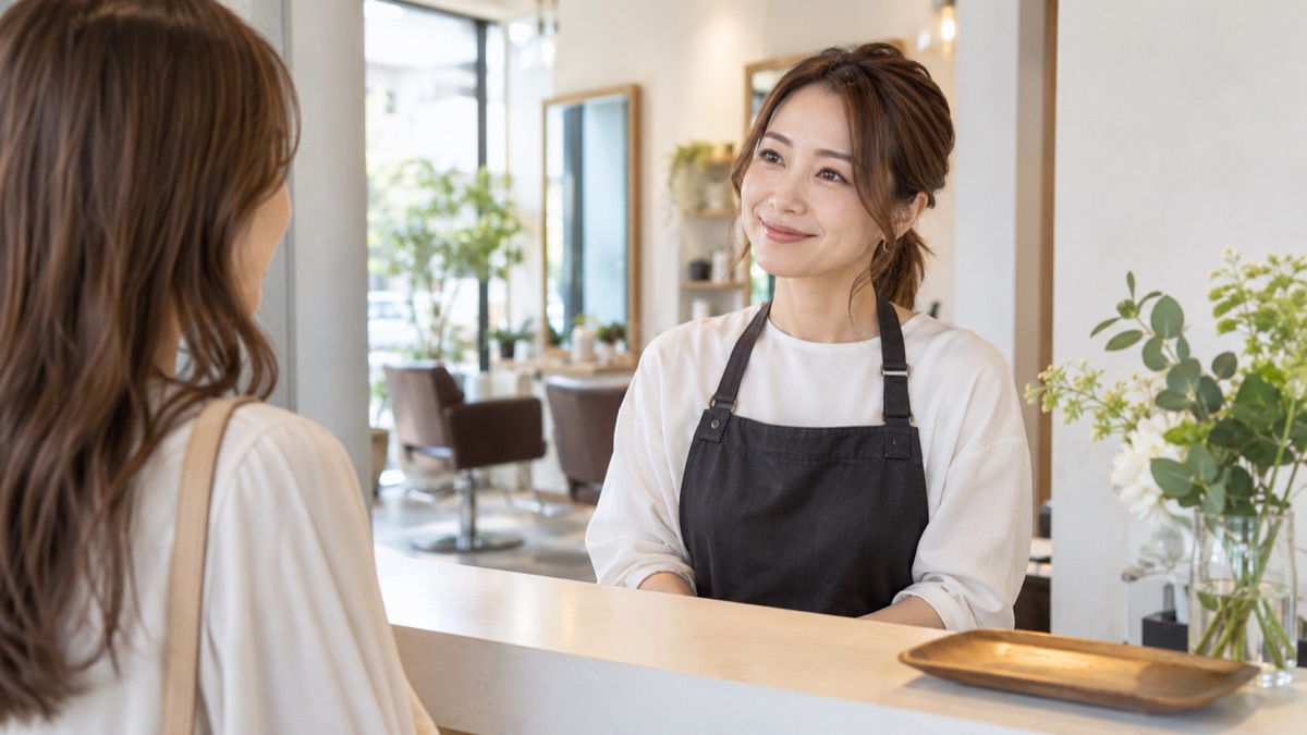 美容室の受付で女性客の話にうなずく美容師