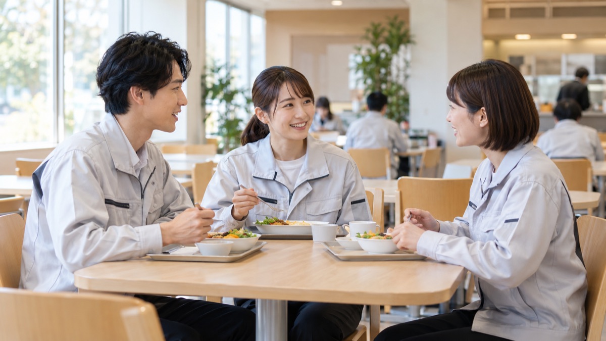 社員食堂でテーブルを囲んで話し合う同僚たち