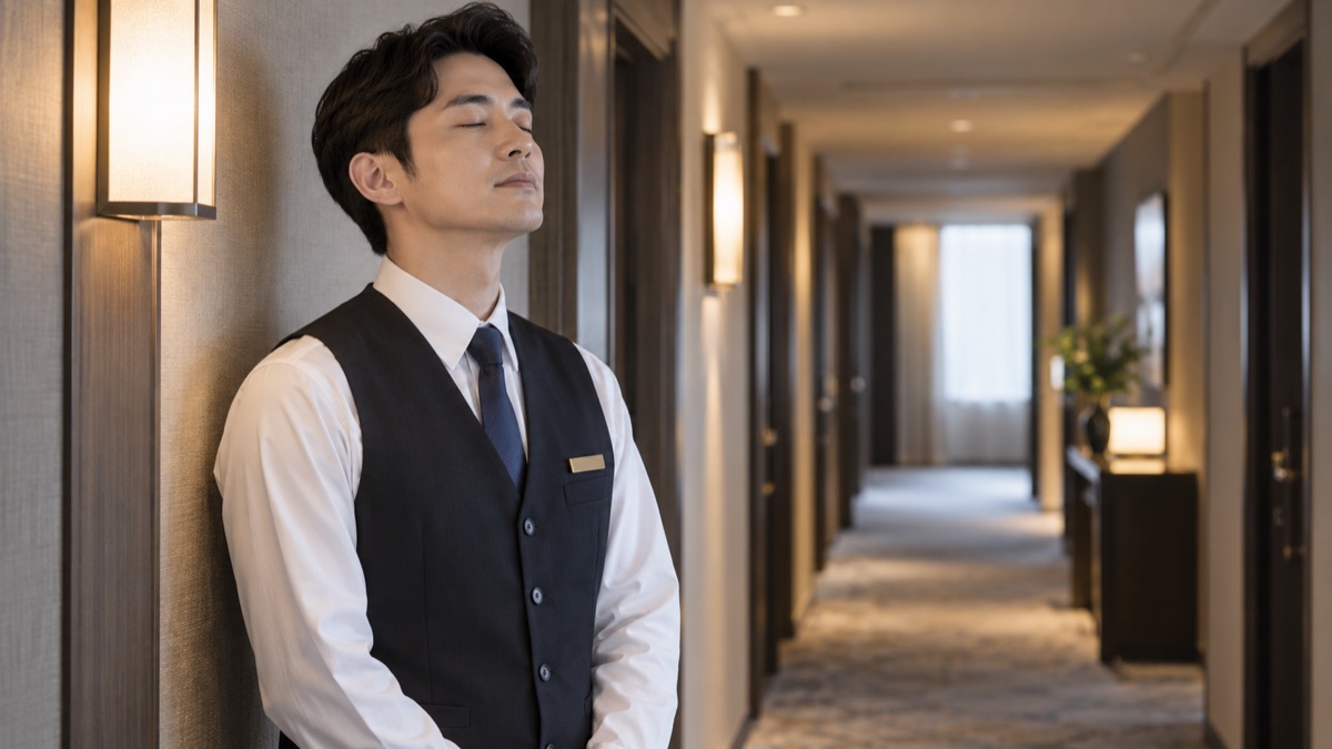 ホテルの廊下で立ち止まり息を整える制服の男性スタッフ
