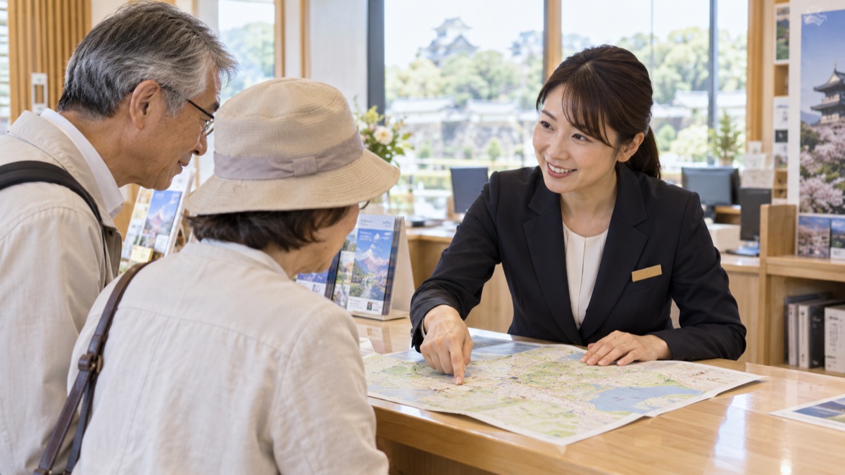 観光案内所で年配の夫婦に地図を広げて案内する女性スタッフ