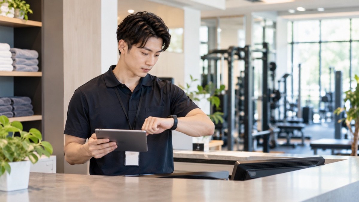 スポーツジムの受付でタブレットを見て予定を確かめる男性スタッフ