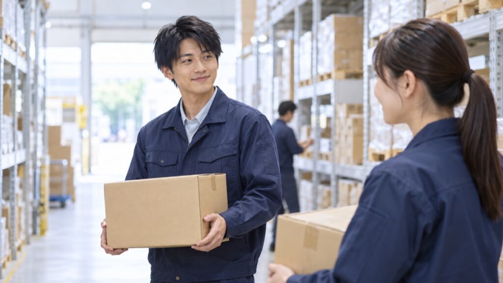 明るい物流倉庫の通路で、段ボールを手に同僚と穏やかに目を合わせて会釈する20代の男性