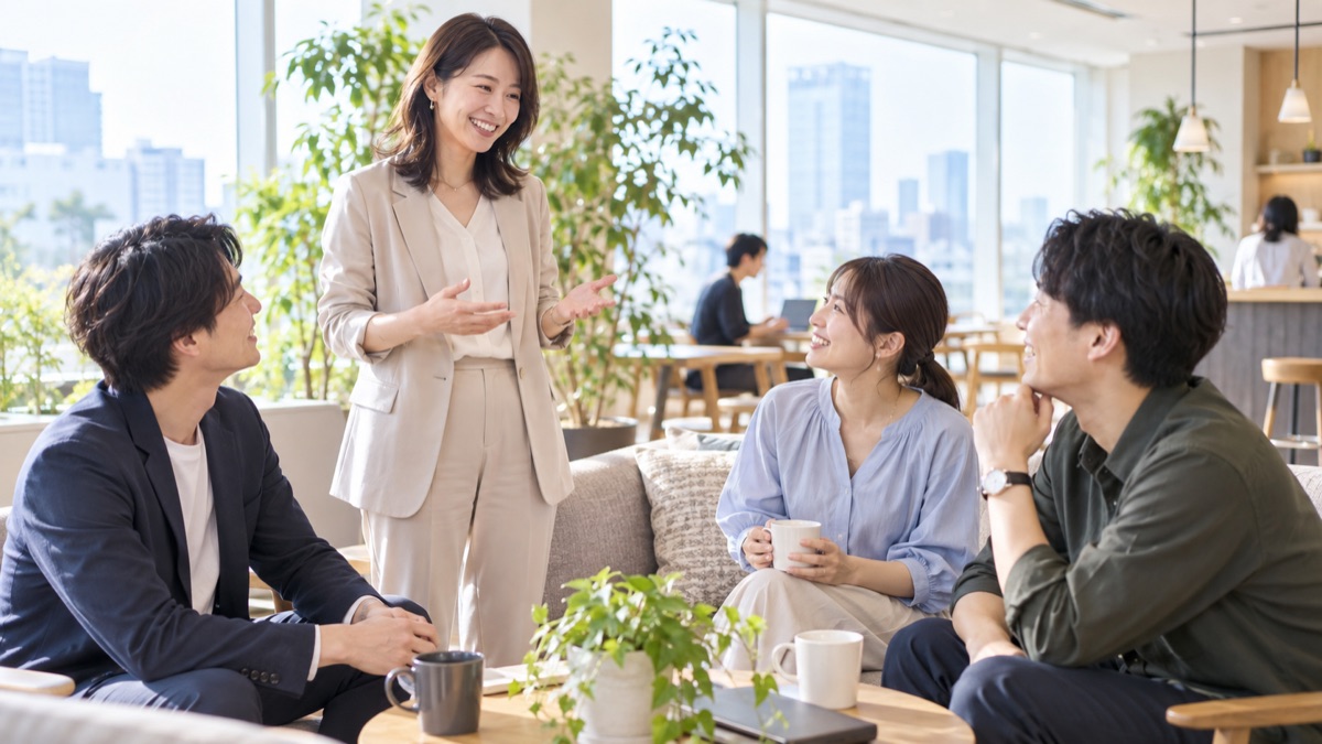 明るいオフィスのラウンジでチームの仲間と笑顔で話す女性リーダー