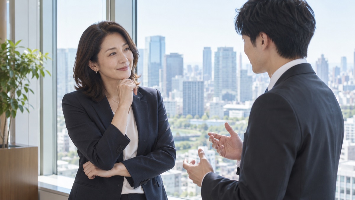 オフィスの窓際で若手社員の相談に耳を傾ける女性マネージャー