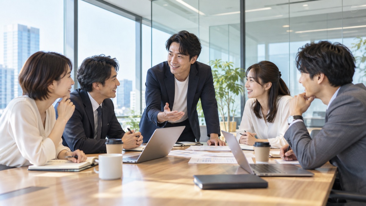 会議室のテーブルを囲んでチームの目標を話し合う社員たち