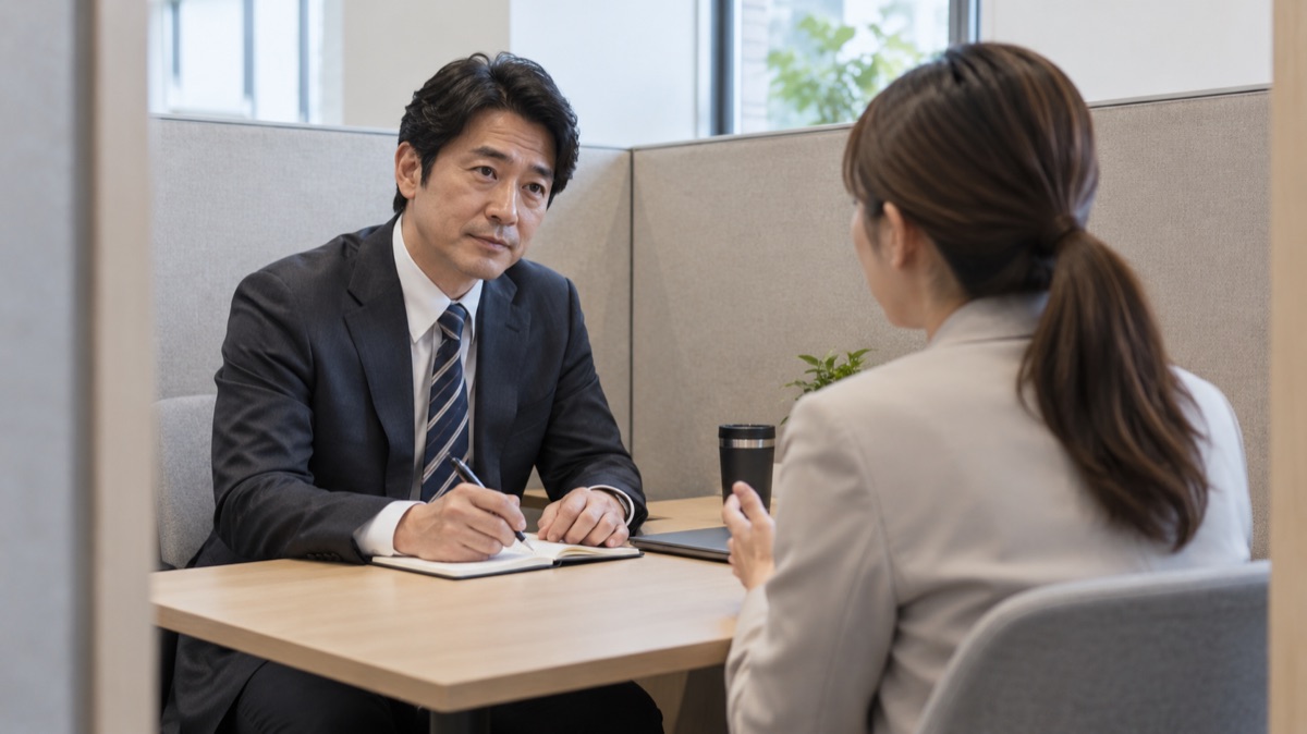 面談ブースでメモを取りながら部下の話を聞く上司