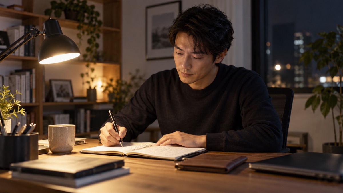 夜の自宅の机でノートに理想のリーダー像を書き出す男性