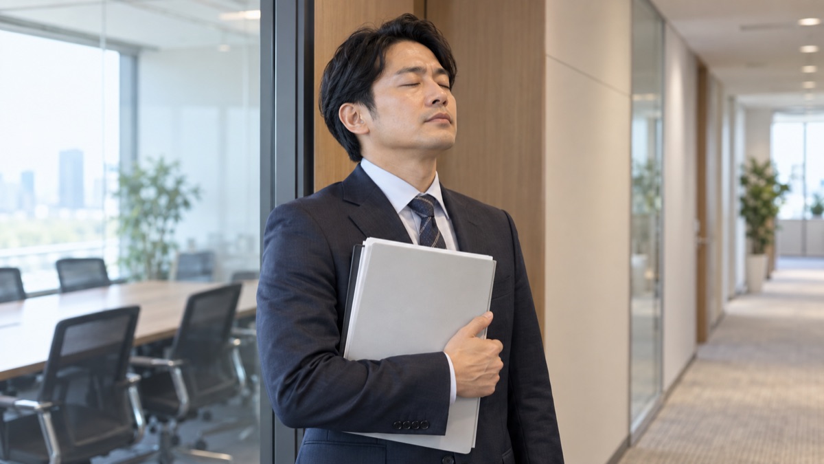会議前の廊下で資料を抱えて深呼吸する男性