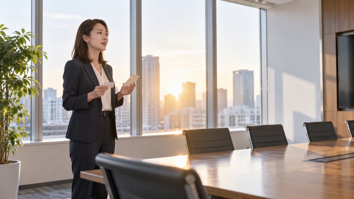 早朝の会議室で窓の前に立ちメモを手に話す練習をする女性