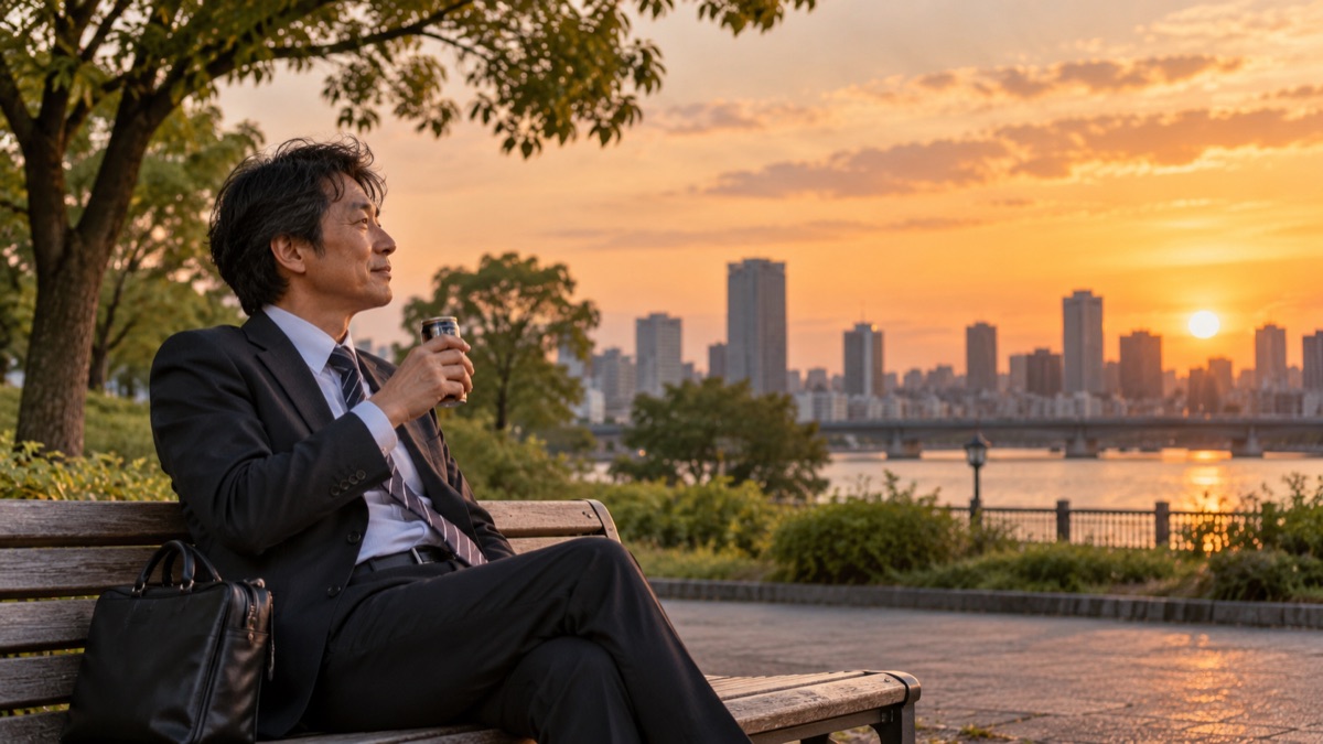 夕方の公園のベンチで仕事帰りに一息つく男性