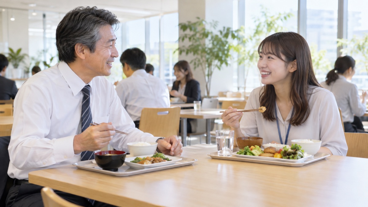 社員食堂で上司と部下が昼食をとりながら談笑する様子