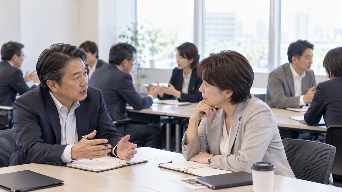研修室で管理職たちがペアになって話し合う様子