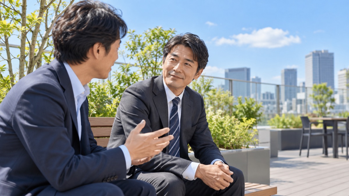 オフィスビルの屋上テラスで同僚の話に静かにうなずく男性
