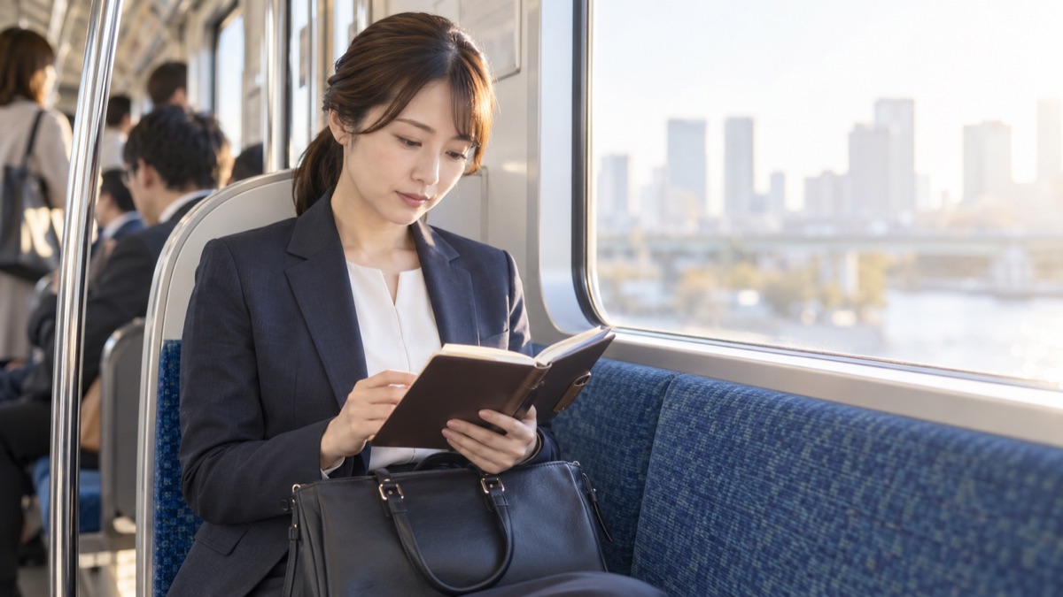 通勤電車の中でメモを見返すスーツ姿の女性