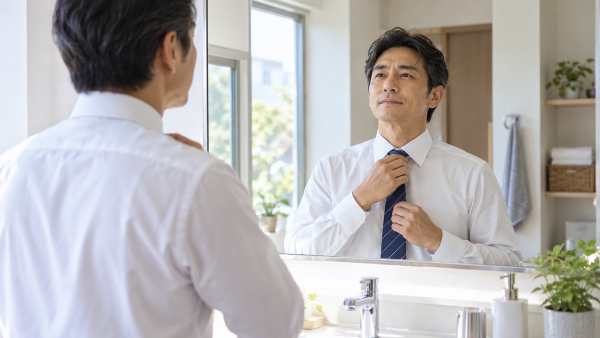 朝の自宅の洗面所で鏡の前でネクタイを整えて深呼吸する男性