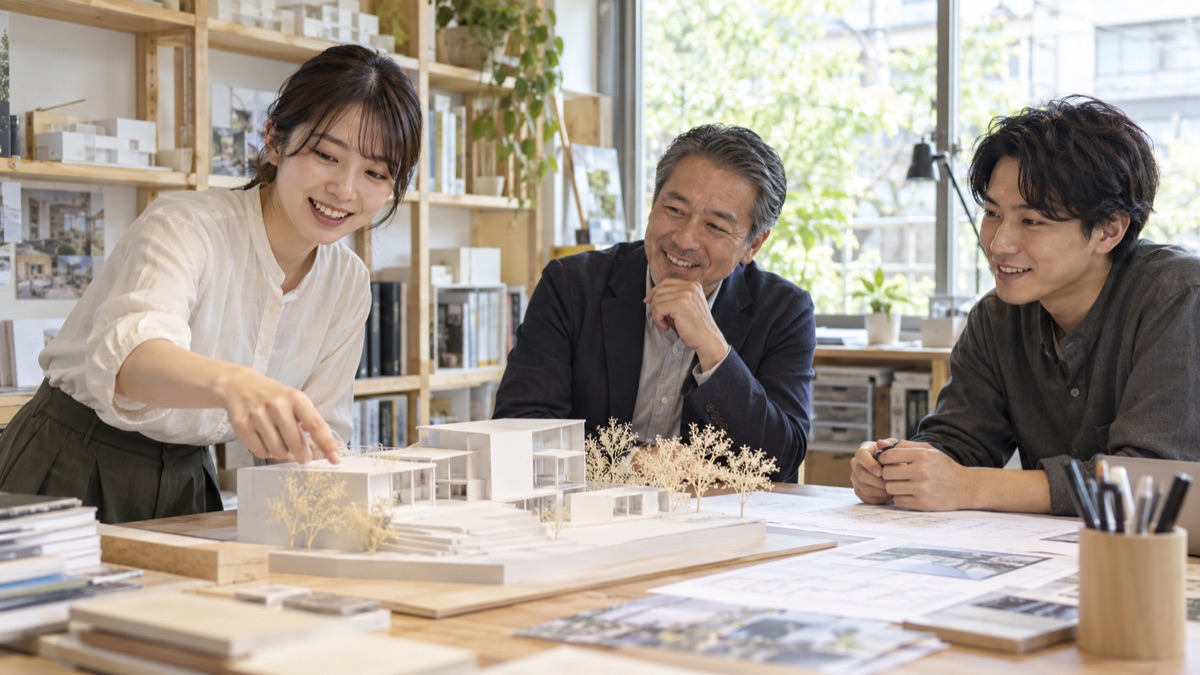 設計事務所の作業台で若手社員が模型を見せて提案し上司が笑顔で聞く様子