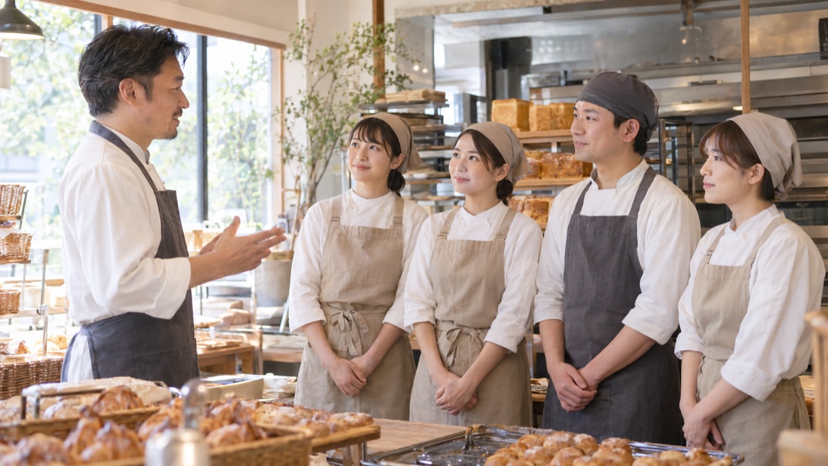 開店前の店舗でスタッフを前に朝礼の話をする店長