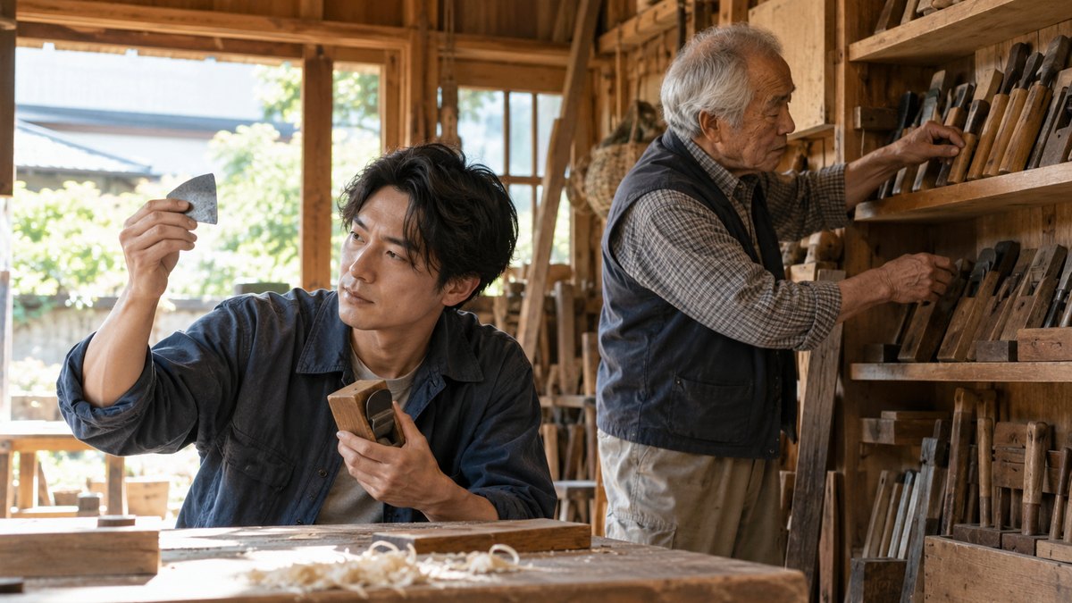 昼、古い木造の作業小屋で、70代の男性が使い込んだ大工道具を棚に並べ、その横で30代の孫の男性がかんなを手に取り、刃を光にかざして眺めている