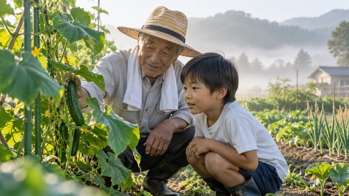 夏の早朝、朝もやのかかる家庭菜園の畑で、麦わら帽子の70代の祖父と小学生の孫の男の子がしゃがみ、つるになったきゅうりを一緒に見ている