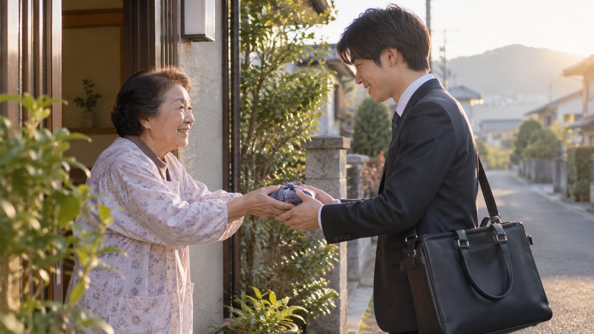 早朝の住宅街の玄関先で、割烹着の70代の女性が、スーツ姿で大きなかばんを持った20代の男性に、布に包んだおにぎりを手渡している