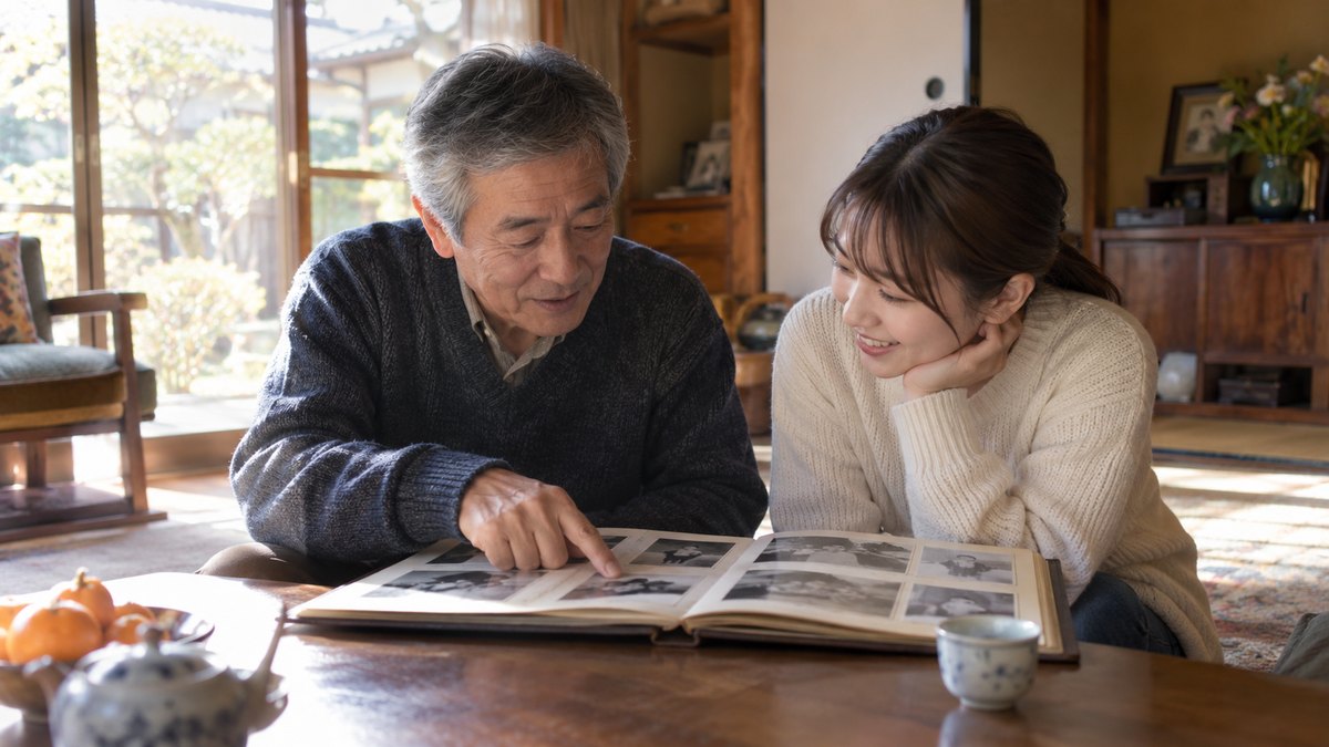 昼、古い一軒家の居間で、60代の父親が古い白黒写真のアルバムを開いて指さし、20代の娘がその横に座ってのぞき込み、話に聞き入っている。写真の人物の顔ははっきり写らない