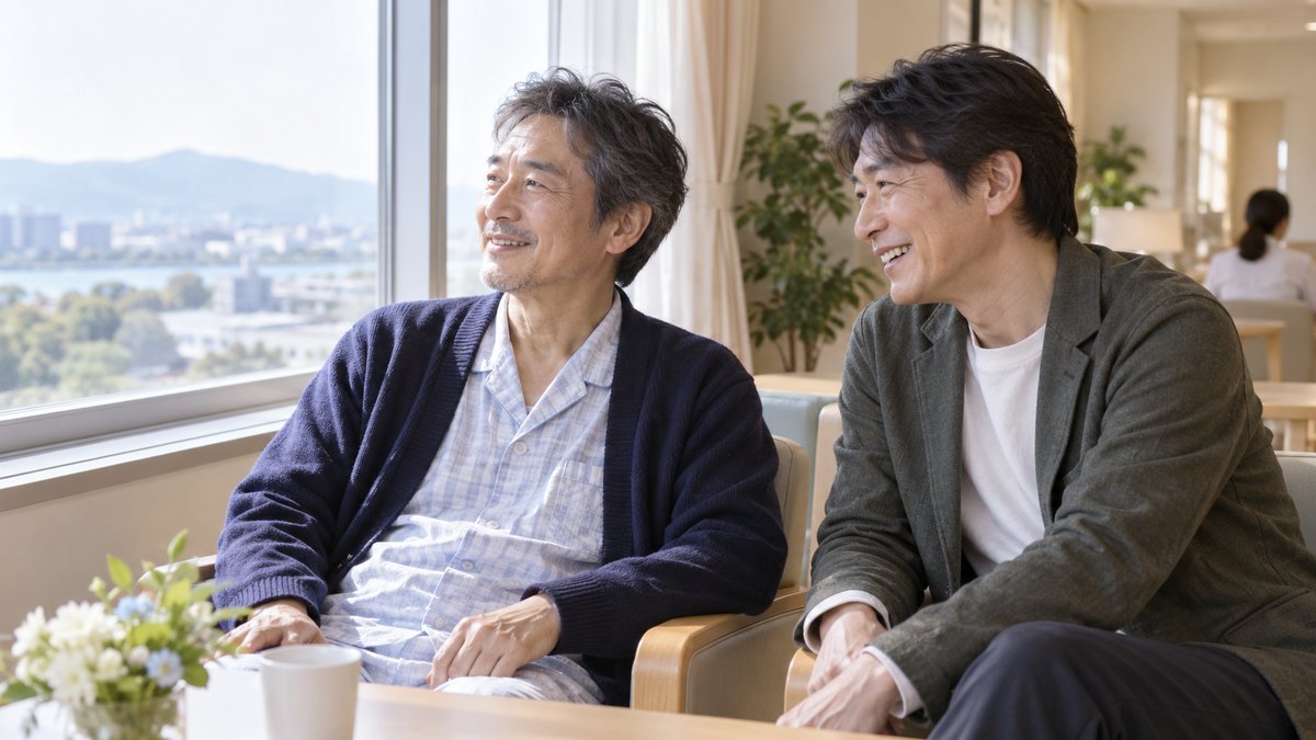 昼、病院の明るい談話室の窓際で、パジャマにカーディガンを羽織った50代の男性と、見舞いに来た同年代の男性が並んで座り、窓の外を見ながら笑い合っている