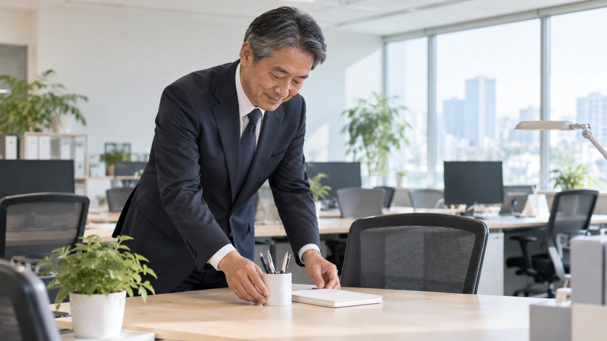 朝、まだ誰もいない明るいオフィスで、50代の男性が新しく来る人の机の上に、ペン立てと白いノートをそっとそろえて置いている。パソコンの画面や掲示の文字は見えない