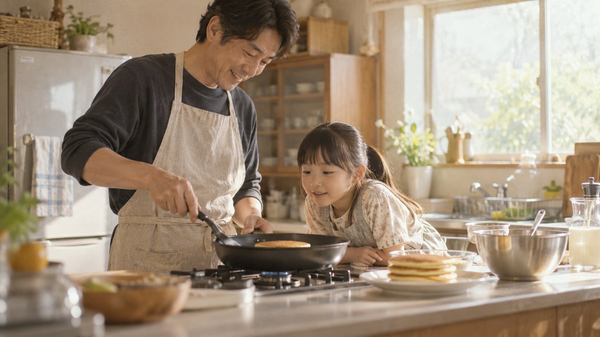 日曜の朝、明るい家庭の台所で、エプロン姿の40代の父親がフライパンでホットケーキを焼き、小学生の娘がつま先立ちでのぞき込んでいる。少し古い写真のような色合い