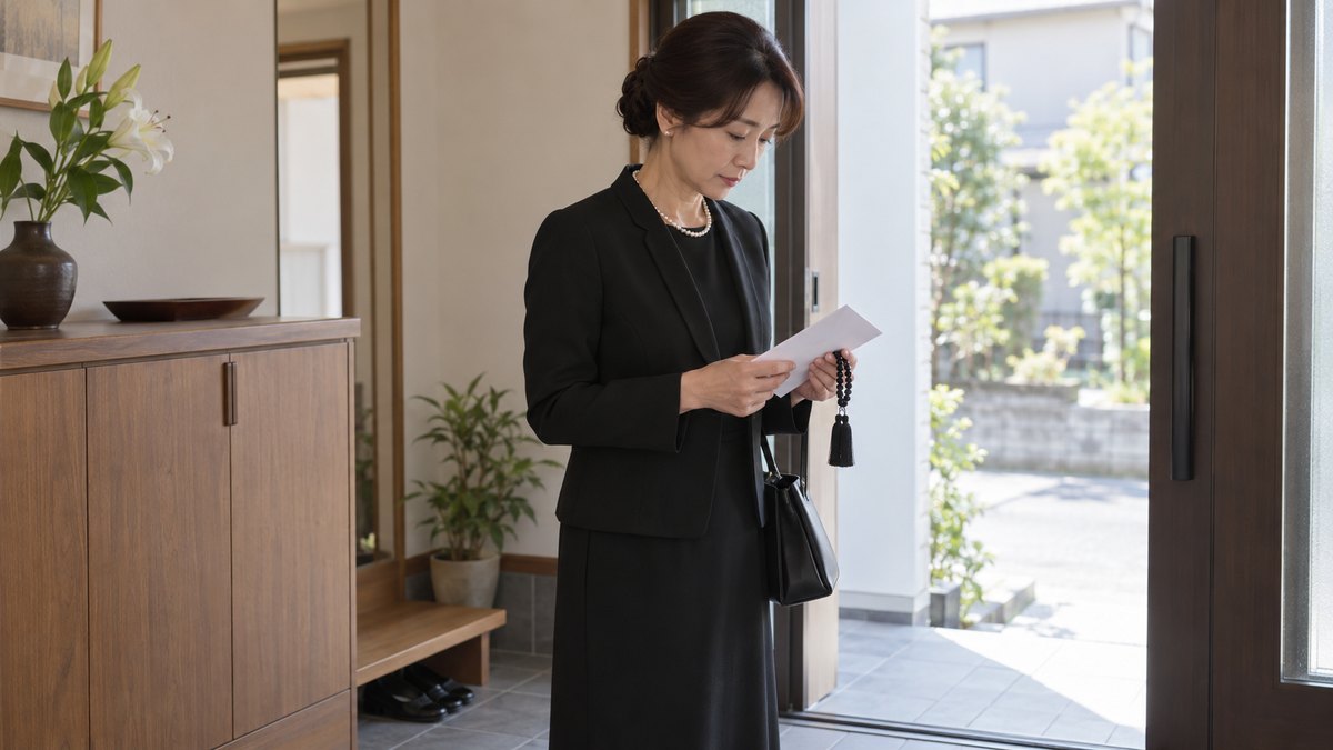 朝、斎場へ向かう前の自宅の玄関で、喪服の50代の女性が靴をはき終えて立ち上がり、手に持った黒い数珠と白い封筒を確かめている