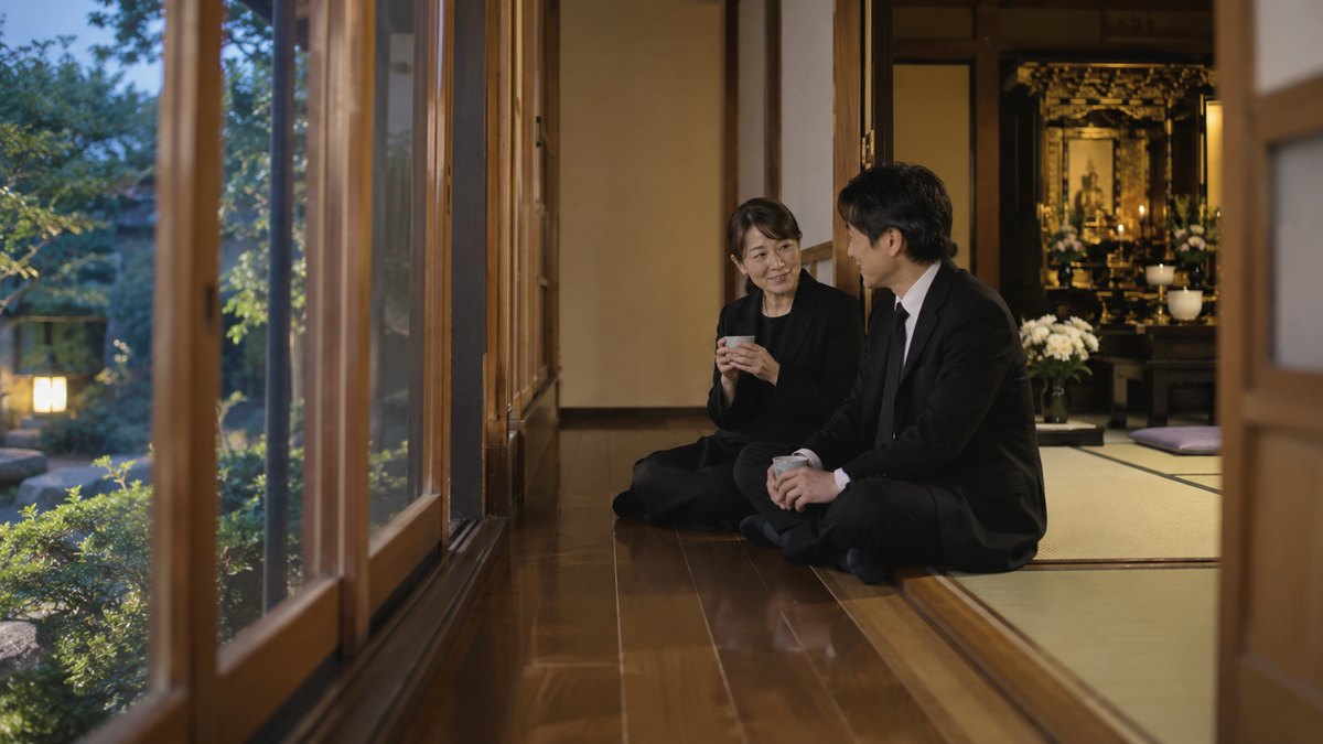 夜、実家の仏間の前の廊下で、喪服の40代の姉と弟が並んで座り、湯のみを手に昔の話をしながら小さく笑い合っている。顔は小さく写る