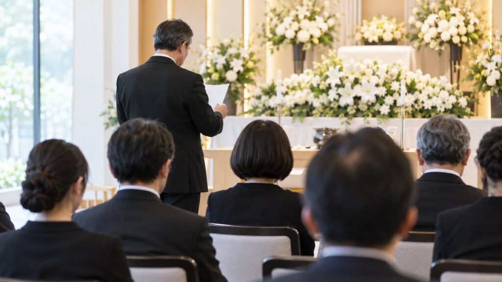 斎場で、喪服の男性が祭壇の手前で白い紙を両手に持って弔辞を読み、参列者が座って静かに聞いている