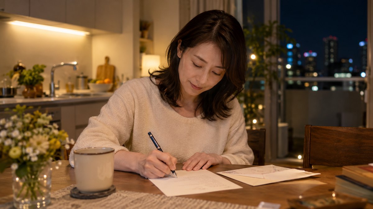 夜、マンションの台所の食卓で、40代の女性が便箋を前にボールペンを持ち、段落の頭に短い言葉だけを縦に書き出している手元。便箋の文字はぼけて読めない