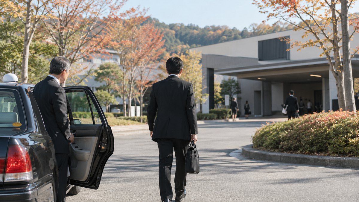 秋の昼、郊外の駅前のロータリーで、喪服の40代の男性がタクシーを降り、黒いかばんを手に斎場の方へ歩き出す後ろ姿。看板や車の文字は読めない