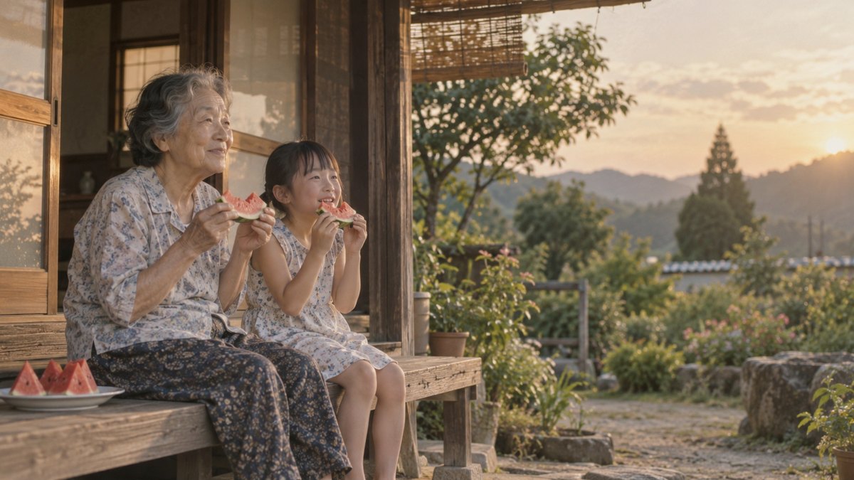 夏の夕方、田舎の家の縁側で、70代の祖母と小学生の孫娘が並んで座り、切ったすいかを食べながら庭を眺めている。少し古い写真のような色合い