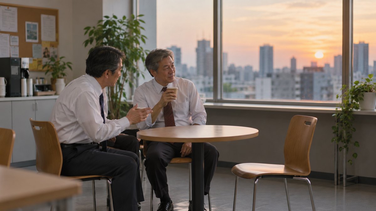 夕方、会社の休憩室の窓際で、ワイシャツ姿の50代の男性2人が紙コップのコーヒーを手に、空いた一つの席の方を見ながら静かに話している。顔は小さく写る。掲示の文字は読めない