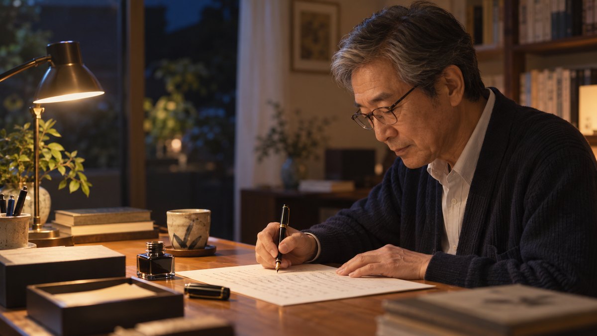 夜、静かな書斎の机で、60代の男性が老眼鏡をかけ、万年筆で便箋に縦書きの下書きをしている手元と横顔。便箋の文字はぼけて読めない