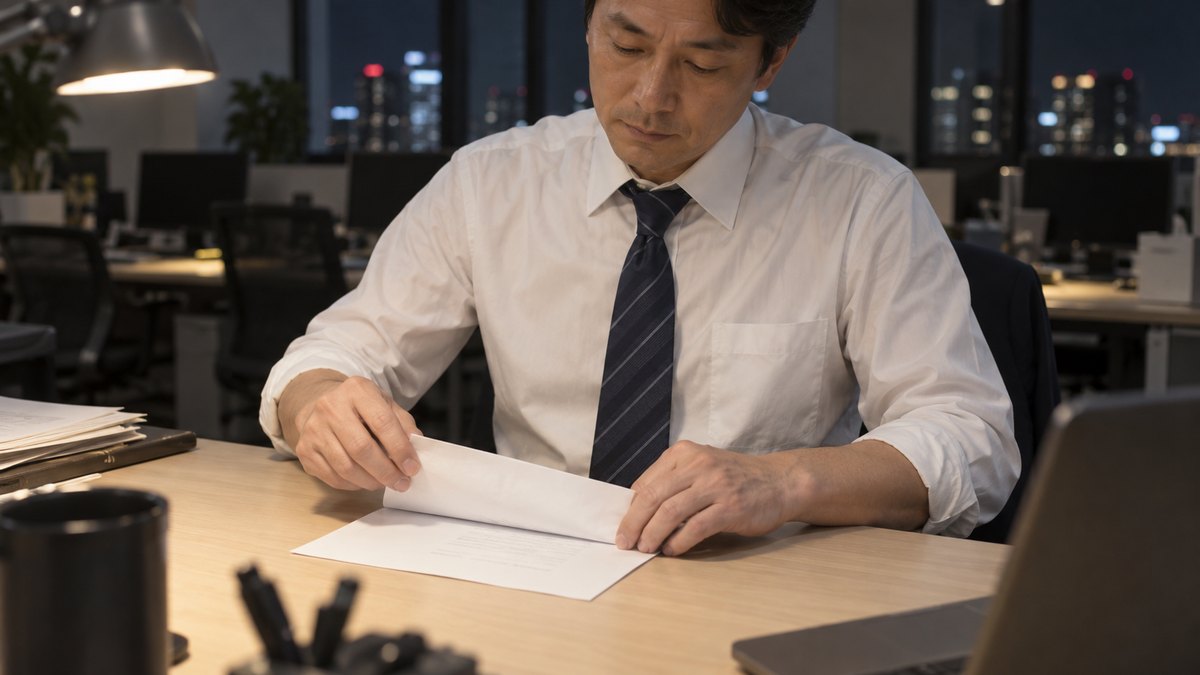 夜、会社の誰もいないフロアの机で、ワイシャツ姿の40代の男性が、印刷した白いA4の紙を両手でていねいに三つ折りにしている手元。紙の文字はぼけて読めない