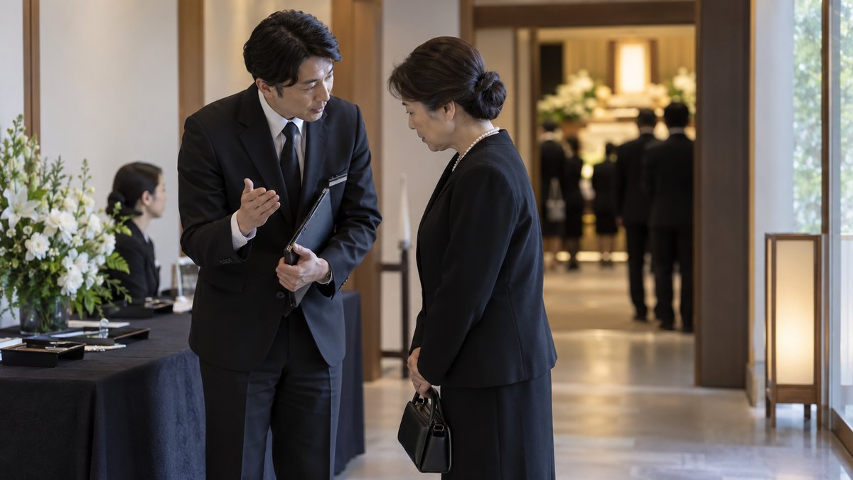 昼、斎場の受付の前の廊下で、黒いスーツの葬儀社の男性スタッフが、喪服の50代の女性に小声で式の順番を説明し、女性が小さくうなずいている