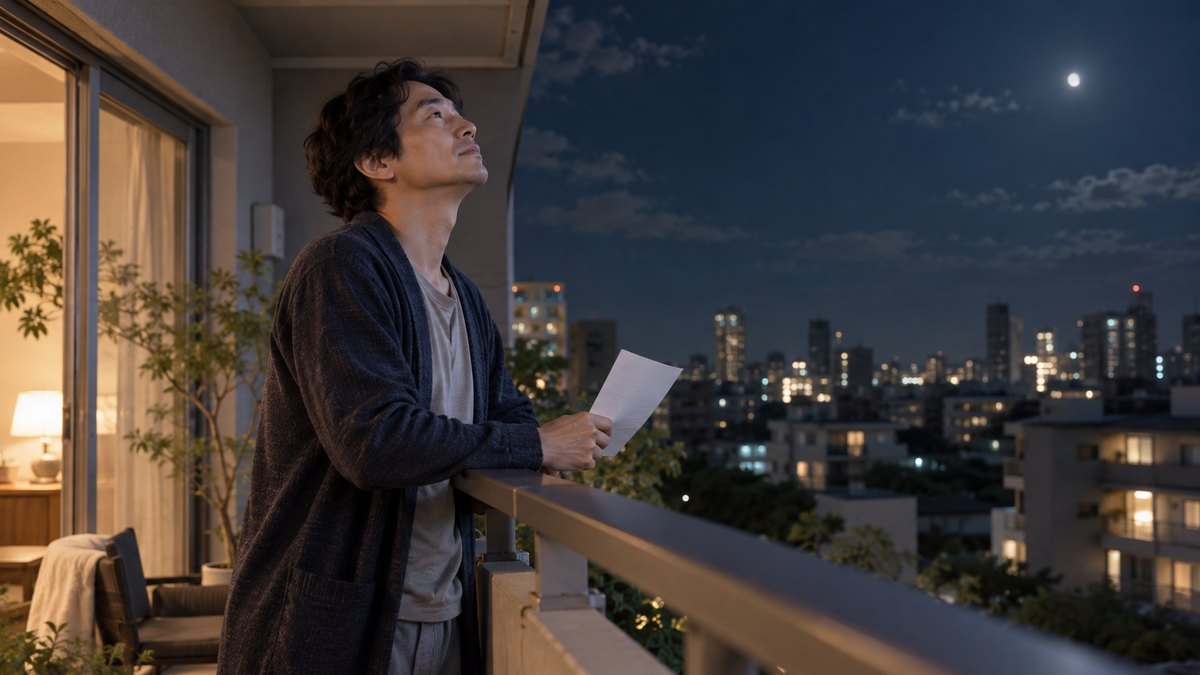 夜、マンションのベランダで、部屋着にカーディガンを羽織った40代の男性が手すりにもたれ、白い便箋を一枚持ったまま夜空を見上げて深く息を吐いている