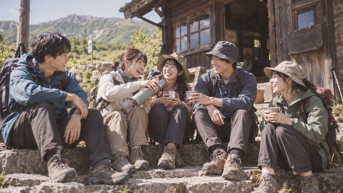 初夏の朝、山小屋の前の石段に、20代前半の大学生の男女5人が登山の格好で腰を下ろし、水筒の水を分け合って笑っている。古い写真のような色合い。看板の文字は読めない