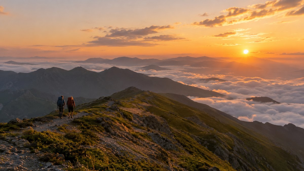 夕方、山の稜線の登山道を、大きなザックを背負った2人の登山者が並んで歩いていく遠景。夕日に照らされた尾根と雲海が広がっている。人物は小さく写る