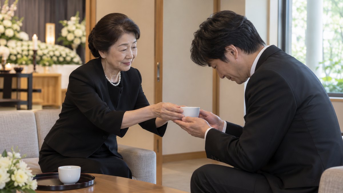 昼、小さな家族葬のホールの控室で、喪服の60代の女性が、40代の男性に白い湯のみのお茶を差し出し、男性が両手で受け取って軽く頭を下げている