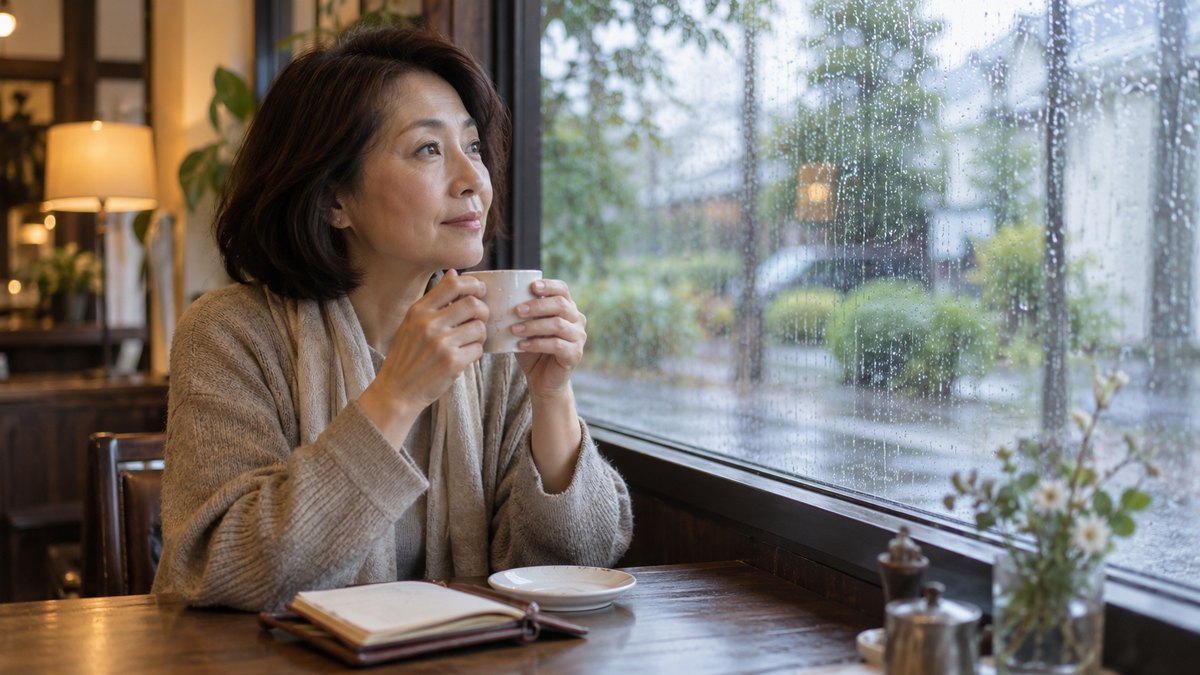 雨の午後、喫茶店の窓際の席で、50代の女性が古い手帳を開いたまま、コーヒーカップを両手で包み、窓の外の雨をぼんやり見つめている。手帳の文字は読めない