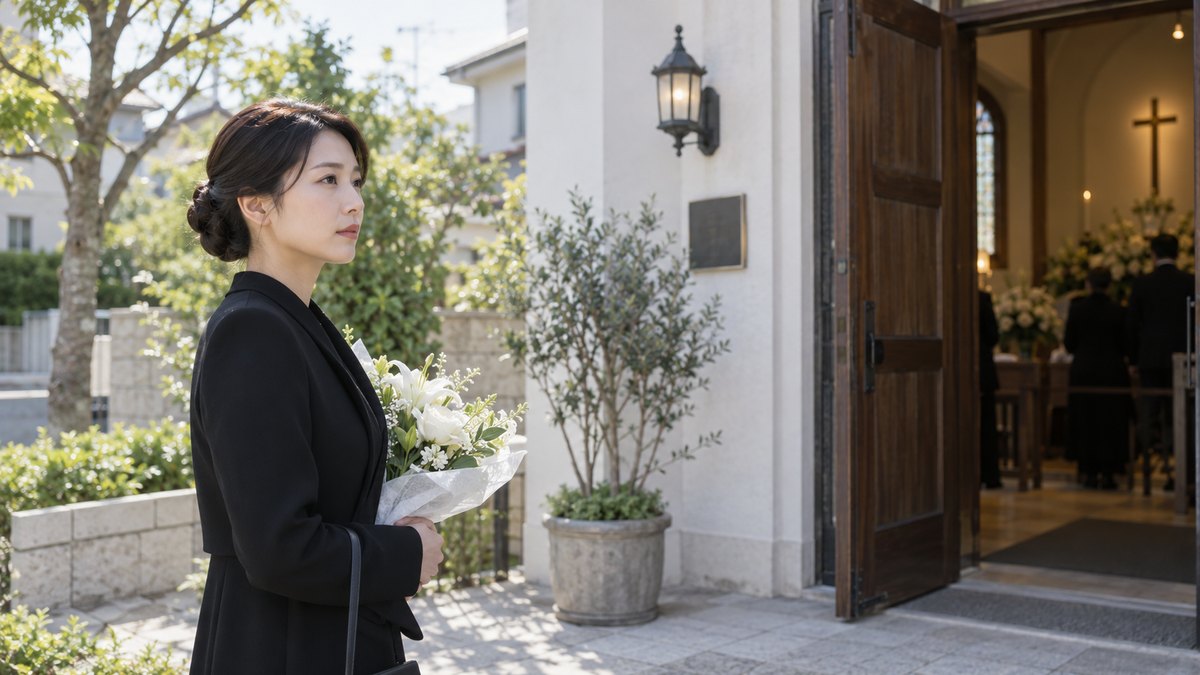 昼、住宅街の小さな教会の入口の前で、喪服の30代の女性が白い花束を胸に抱え、木の扉が開くのを静かに待っている。看板の文字は読めない