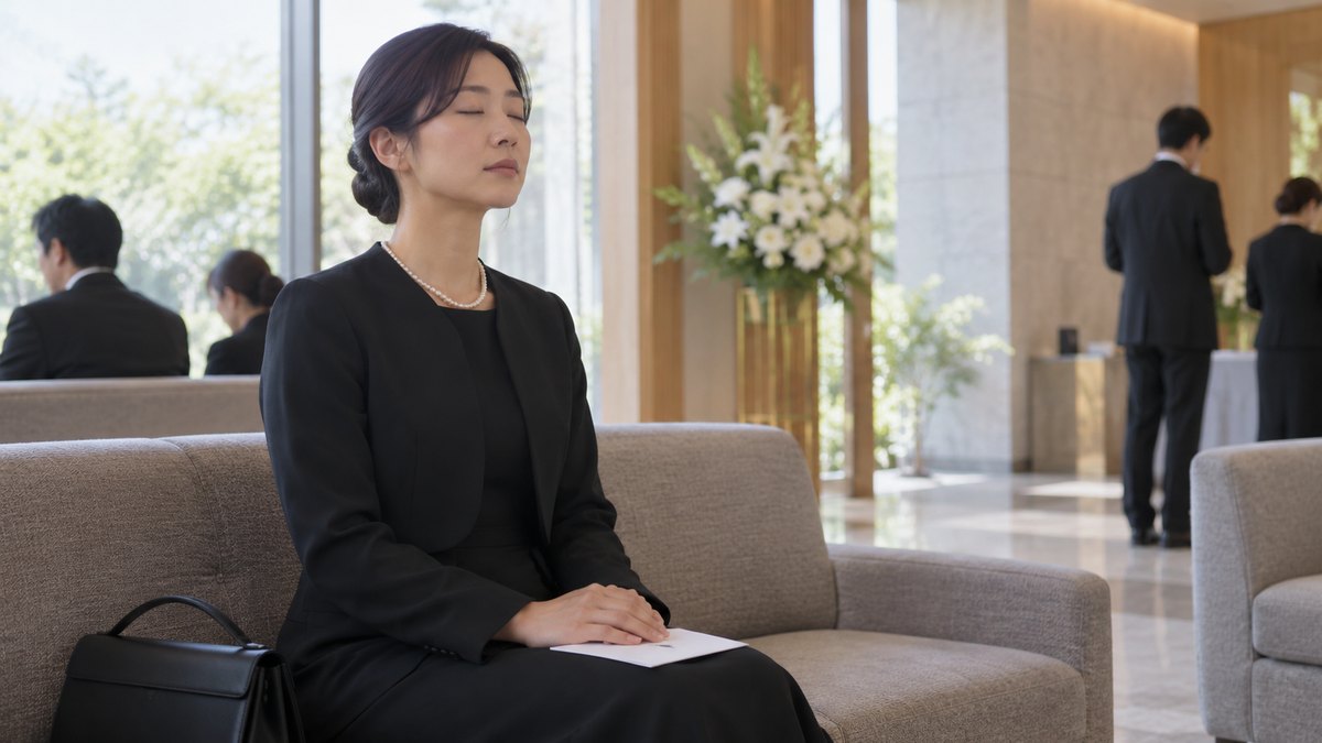昼、斎場のロビーのソファで、喪服の30代の女性が白い封筒を膝に置き、背筋を伸ばして座り、目を閉じて静かに息を整えている