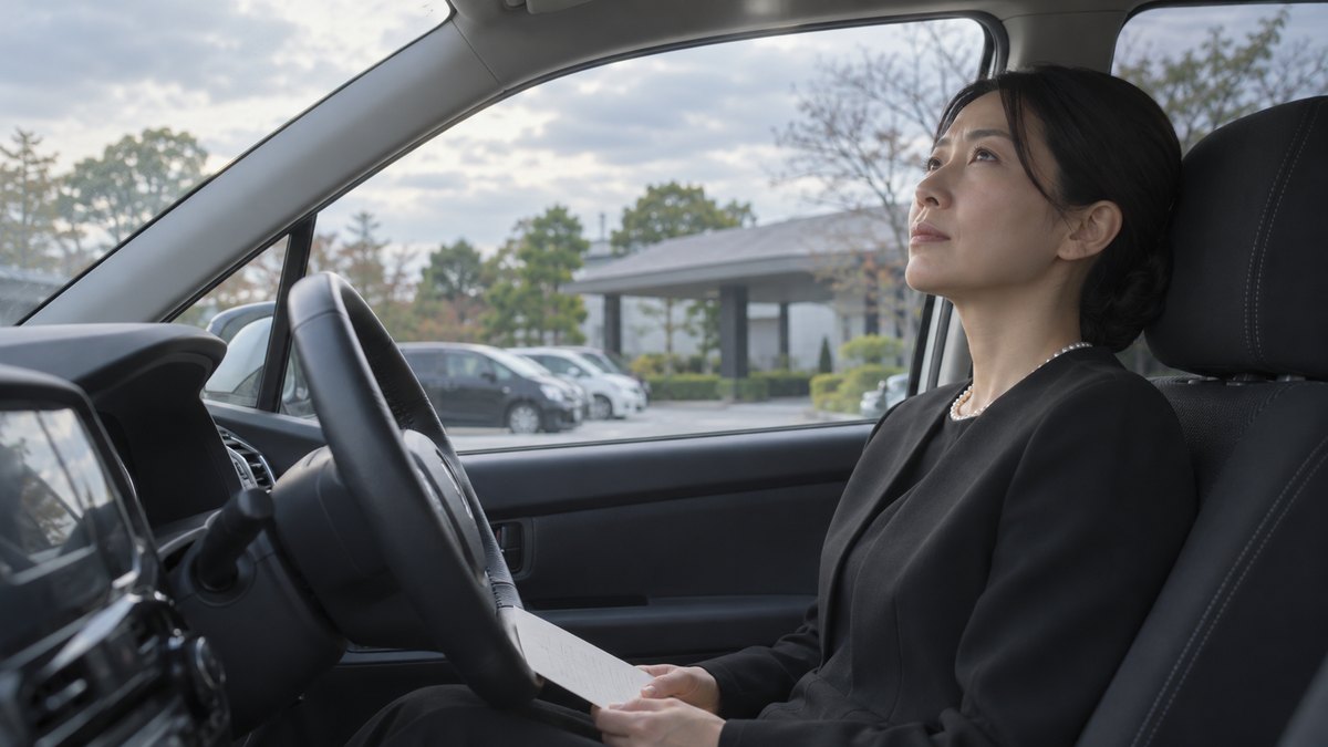 昼、斎場の駐車場に止めた車の運転席で、喪服の40代の女性が便箋を膝に置いたまま、フロントガラス越しに曇り空を静かに見上げている。便箋の文字は読めない