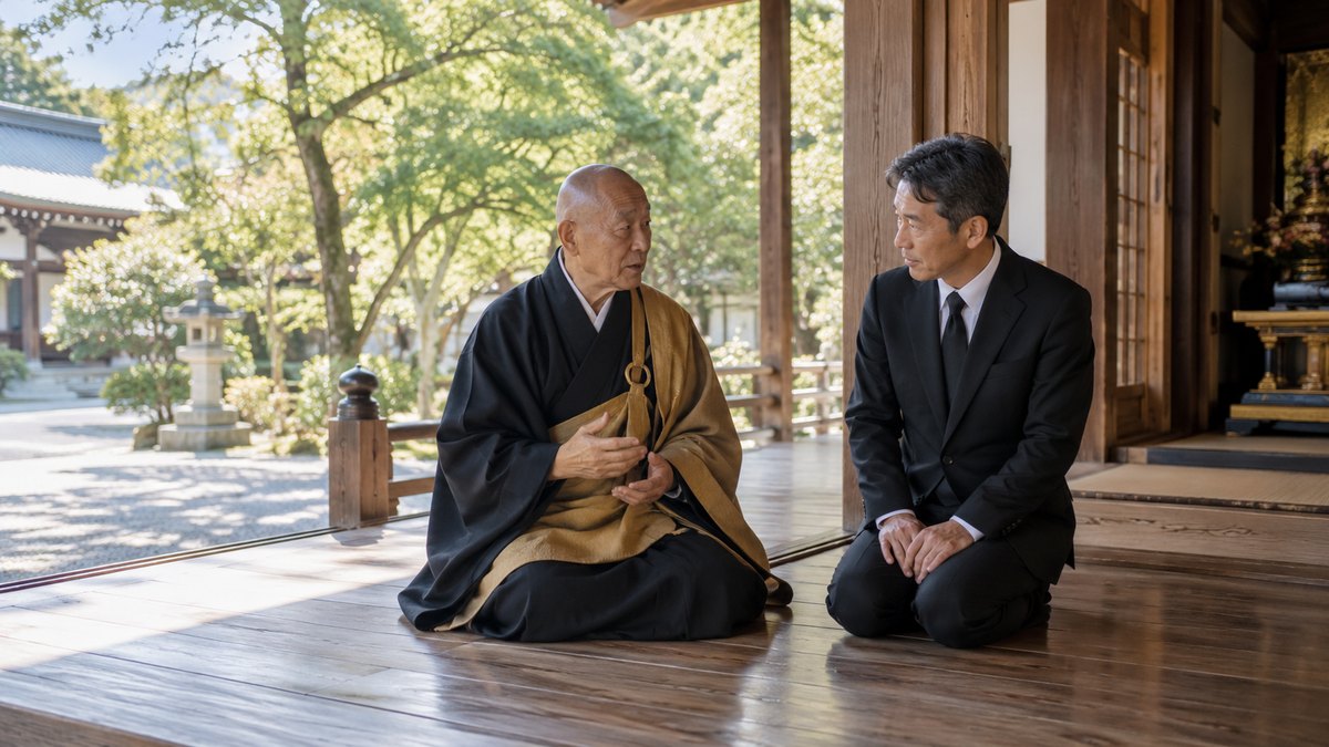 昼、寺の本堂の縁側で、袈裟を着た70代の僧侶と喪服の50代の男性が並んで正座し、僧侶の話に男性がうなずいている。境内の木々が見える