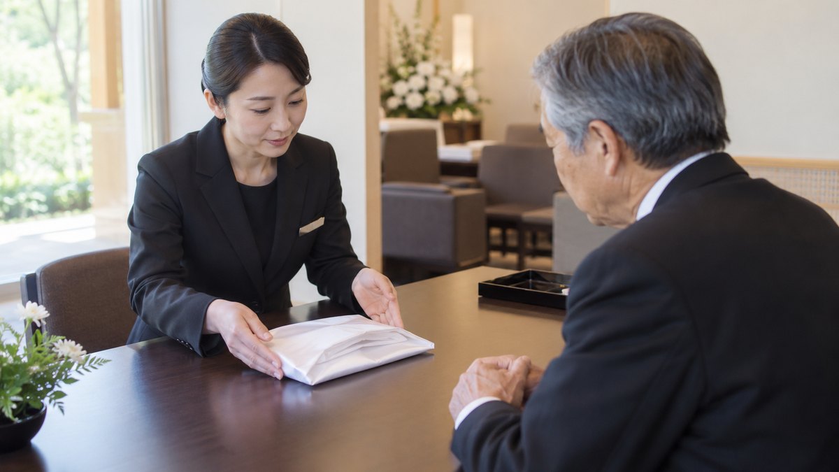昼、斎場の控室の机で、黒いスーツの葬儀社の女性スタッフが、白い紙の包みを喪服の60代の男性の前に置き、たたみ方を手で示している。紙の文字は読めない