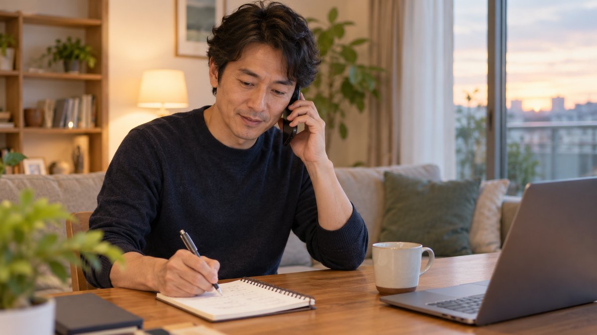 夕方、自宅のリビングで、40代の男性が電話を耳に当て、もう片方の手でメモ帳に読む順番と時間を書き留めている。メモの文字は読めない