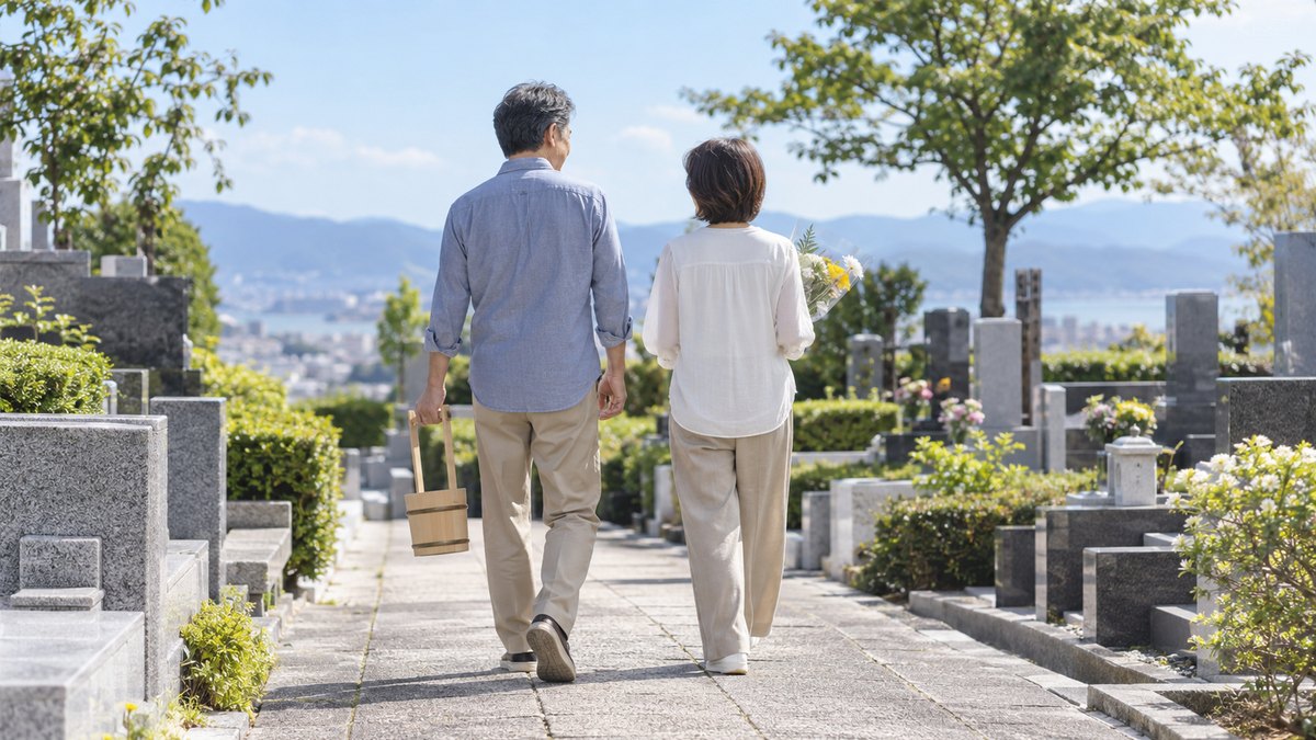 晴れた昼、霊園の小道を、普段着の50代の夫婦が花束と手桶を持って並んで歩いていく後ろ姿